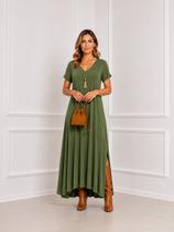 Vestido Longo Feminino gola V com Bolso lateral e fendas tecido Viscolycra Premium