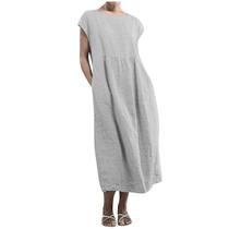 Vestido longo feminino liso sem mangas com decote em O, bolsos, linho, folgado, kaftan Vestido longo feminino liso sem mangas com decote em O, bolsos, linho, folgado, kaftan
