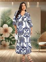 Vestido Longo Feminino Malha Fria Com Decote V Mangas Evasê