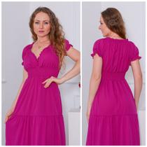 Vestido longo feminino manga curta decote v tecido crepinho m, g Vestido longo feminino manga curta decote v tecido crepinho m, g