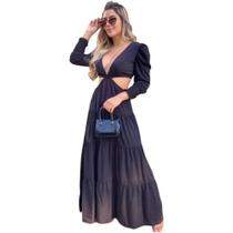 Vestido Longo Feminino Manga Longa Bufante Decote Profundo 44