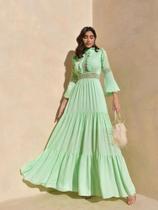 Vestido Longo Feminino Moda Festa Elegante Crepe em Guipir Verde Menta