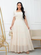 Vestido Longo Feminino para Festa Elegante Decote Quadrado Noiva Casamento Civil Cor:AreiaTamanho:GG