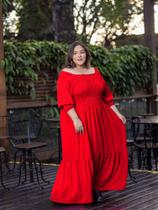 Vestido Longo Feminino Plus Size Babado Ciganinha Manga 3/4 Princesa Elástico Casual Verão 2025