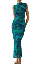 Vestido longo feminino PRETTYGARDEN, malha floral de verão, azul