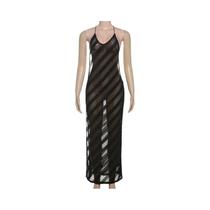 Vestido Longo Feminino Sexy Com Decote Halter, Transparente, Sem Mangas, Costas Nuas, Fenda, Para Vestido Longo Feminino Sexy Com Decote Halter, Transparente, Sem Mangas, Costas Nuas, Fenda, Para