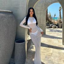 Vestido Longo Feminino Sexy De Manga Comprida Em Tule Transparente Estilo Praia Para Saída De Praia Vestido Longo Feminino Sexy De Manga Comprida Em Tule Transparente Estilo Praia Para Saída De Praia