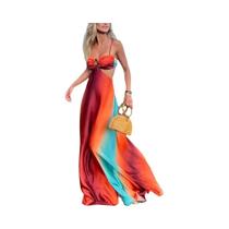 Vestido Longo Feminino Sexy Degradê Sem Costas Sem Mangas Estilo Boho Praia Cetim Verão 2025