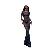 Vestido Longo Feminino Sexy Transparente De Manga Comprida Em Tule, Estilo Praia, Para Cobrir O Maiô Vestido Longo Feminino Sexy Transparente De Manga Comprida Em Tule, Estilo Praia, Para Cobrir O Maiô