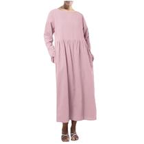 Vestido longo feminino sólido de manga comprida com decote em O, bolsos, linho, folgado, kaftan