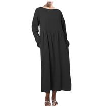 Vestido longo feminino sólido de manga comprida com decote em O, bolsos, linho, folgado, kaftan