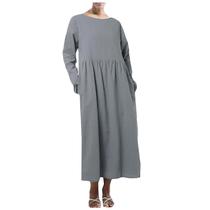 Vestido longo feminino sólido de manga comprida com decote em O, bolsos, linho, folgado, kaftan