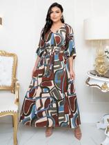 Vestido Longo Feminino Soltinho Rodado Verão Estampado Manga 3/4