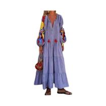 Vestido Longo Feminino Solto Com Manga Longa Listrada E Decote Em V, Estampa De Manga Bufante, Moda