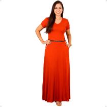 Vestido Longo Feminino Tecido Malha Moda Evangélica Manga Curta Com Cinto Luxo Casual Elegante