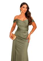 Vestido Longo Festa Cetim Ombro a Ombro com Fenda Lateral