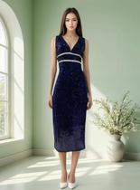 Vestido Longo Festa Indiano, Tule Bord. Em Paetê, Azul Naval