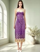 Vestido Longo Festa Indiano Tule Bordado Lilás Peq. Defeitos