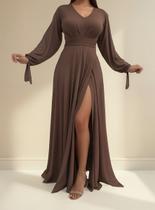 Vestido Longo Festa Madrinha Manga Aberta Com Fenda E Decote