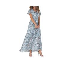 Vestido Longo Floral De Chiffon Para Mulheres, Decote Em V, Manga Curta, Barra Com Babados, Moda Vestido Longo Floral De Chiffon Para Mulheres, Decote Em V, Manga Curta, Barra Com Babados, Moda