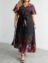 Vestido Longo Floral De Verão plus Size Com Decote Em V E Manga Curta Para Mulheres Curvilíneas, Vestido Longo Floral De Verão plus Size Com Decote Em V E Manga Curta Para Mulheres Curvilíneas,
