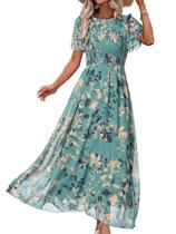 Vestido Longo Floral Simples de Chiffon com Manga Curta Azul Lago Tamanho L Vestido Longo Floral Simples de Chiffon com Manga Curta Azul Lago Tamanho L