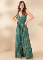 Vestido longo folhagem verde com alças e babado -tamanho g