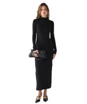 Vestido Longo Gola Alta Fenda Lateral Ribana Premium -