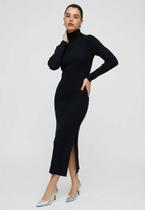 Vestido Longo Gola Alta Fenda Lateral Tricôt -