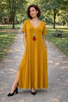 Vestido Longo Gola V Com Bolso e Fenda Lateral