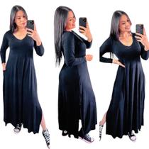 Vestido longo gola v com fenda lateral manga longa