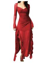 Vestido longo GORGLITTER Gothic Ruched Red com fenda para mulheres Vestido longo GORGLITTER Gothic Ruched Red com fenda para mulheres