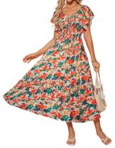Vestido longo GRACE KARIN Floral Summer com decote em V, babado, 2GG, vermelho, azul Vestido longo GRACE KARIN Floral Summer com decote em V, babado, 2GG, vermelho, azul