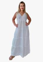 Vestido Longo Indiano Alça C/ Forro Branco Bordado Cod 001