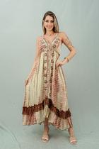 Vestido Longo Indiano Boho Chic Tie Dye Verde com Bordado Floral, Decote V e Barra Assimétrica-6023 Vestido Longo Indiano Boho Chic Tie Dye Verde com Bordado Floral, Decote V e Barra Assimétrica-6023