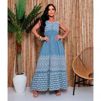 Vestido Longo Indiano boho Chic Tipo Jeans Bordados e Botões