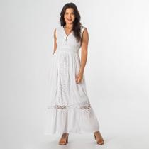 Vestido Longo Indiano Branco Lese Regata Decote V Algodão