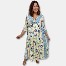 Vestido Longo Indiano Crepe Estampado Manga 7/8 Amarração Vestido Longo Indiano Crepe Estampado Manga 7/8 Amarração