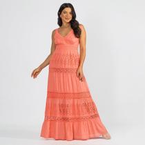 Vestido Longo Indiano Lese Algodão Alça Decote V Com Lastex