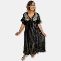 Vestido Longo Indiano Manga curta Boho Chick Lurex e Bordado