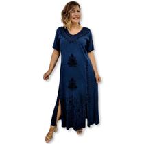 Vestido Longo Indiano Manga Curta com Bordado Plus Size