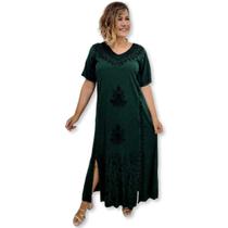 Vestido Longo Indiano Manga Curta com Bordado Plus Size