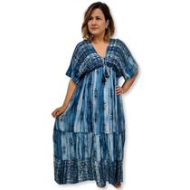 Vestido Longo Indiano Manga curta Crepe Estampado Boho Luxo