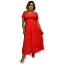 Vestido Longo Indiano Manga Curta Liso em Lesi Plus Size Vestido Longo Indiano Manga Curta Liso em Lesi Plus Size