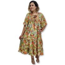 Vestido Longo Indiano Manga Curta Toque de Seda Plus Size