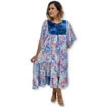 Vestido Longo Indiano Manga Curta Toque de Seda Plus Size