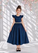 Vestido Longo Infantil Social Azul Escuro Marinho Festa Formatura Casamento Pérolas Princesa Florista Aniversário Vestido Longo Infantil Social Azul Escuro Marinho Festa Formatura Casamento Pérolas Princesa Florista Aniversário