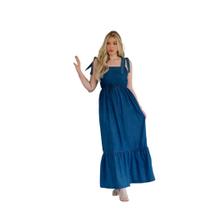 Vestido Longo Jeans Alça Azul com Babado Moda Feminina Vestido Longo Jeans Alça Azul com Babado Moda Feminina