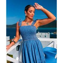 Vestido longo jeans, alça babado com elastex nas Costa