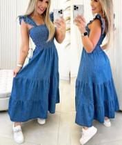 Vestido longo jeans, alça babado com elastex nas Costa